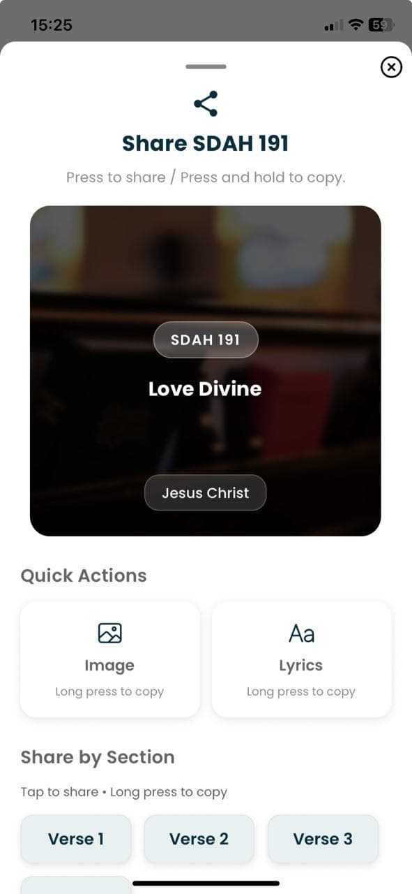 Share modal showing beautiful hymn card creation